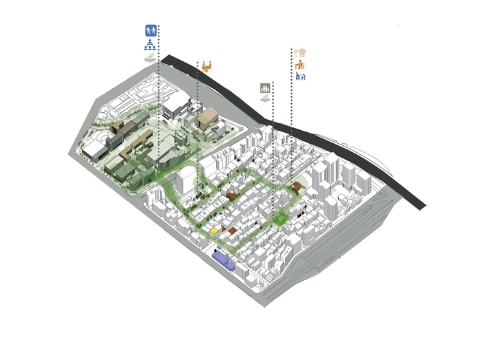 Considering the social impact of aging populations, students of the Taipei Tech Department of Architecture have presented a people-oriented community improvement plan that includes co-living homes, micro day care centers for senior citizens, care cafés, friendly stores, and pedestrian zones.